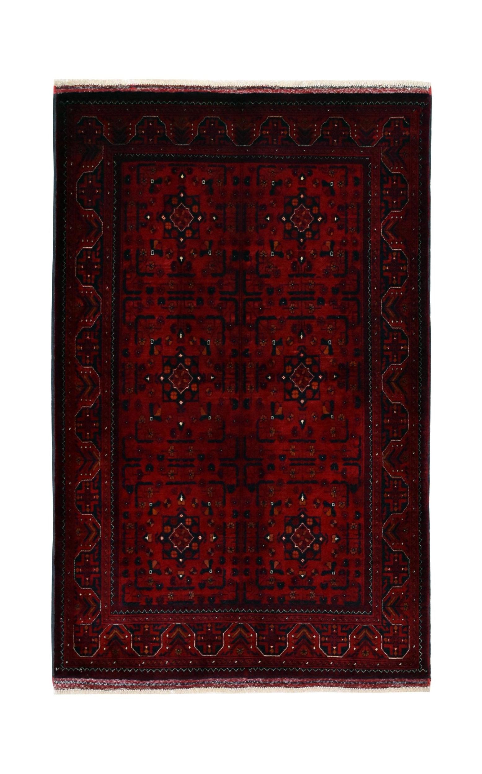 Handmade Afghan Biljik rug featuring a deep red field with geometric patterns and dark blue borders.