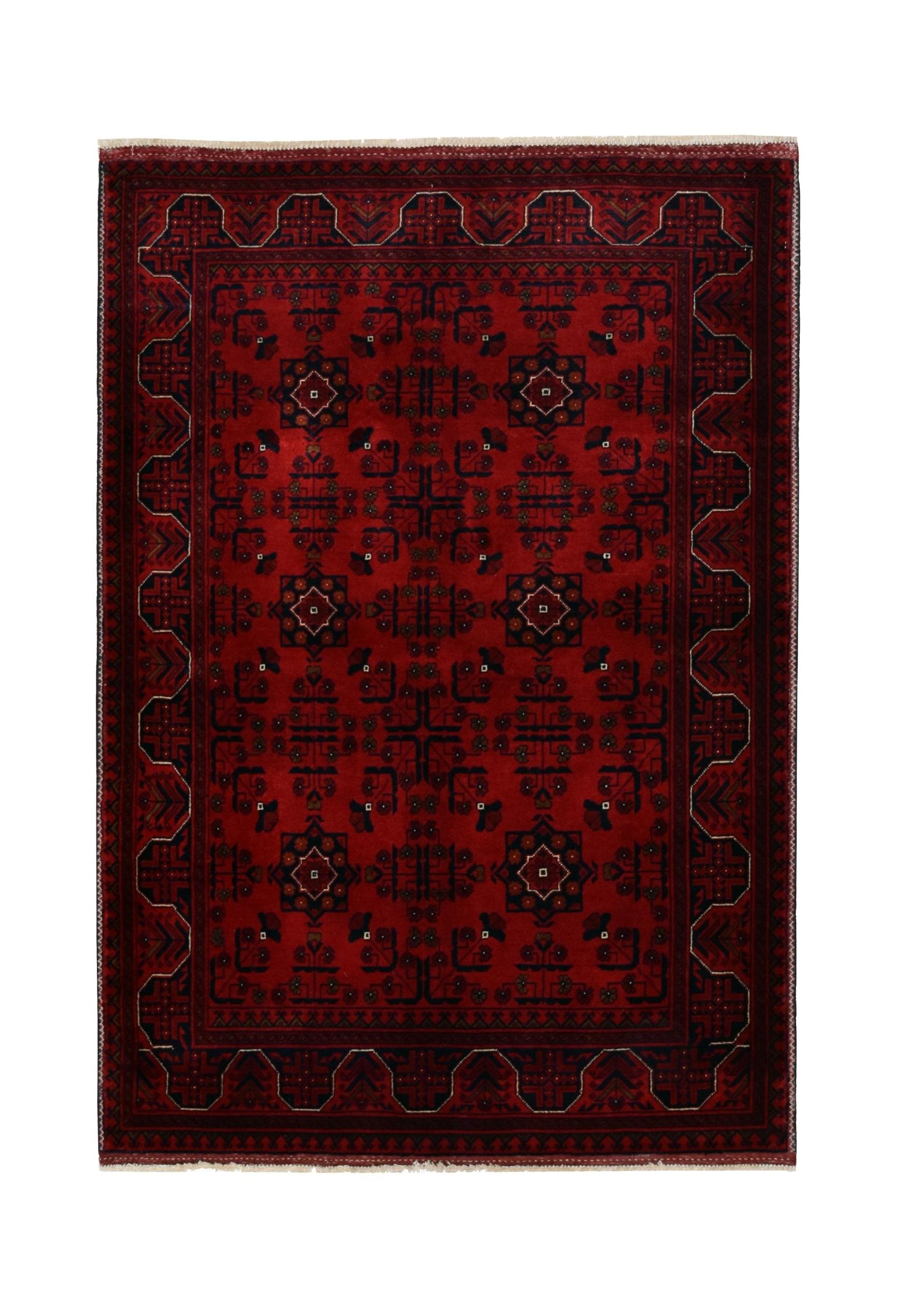 Handmade Afghan Biljik rug featuring a deep red field with intricate dark geometric patterns.
