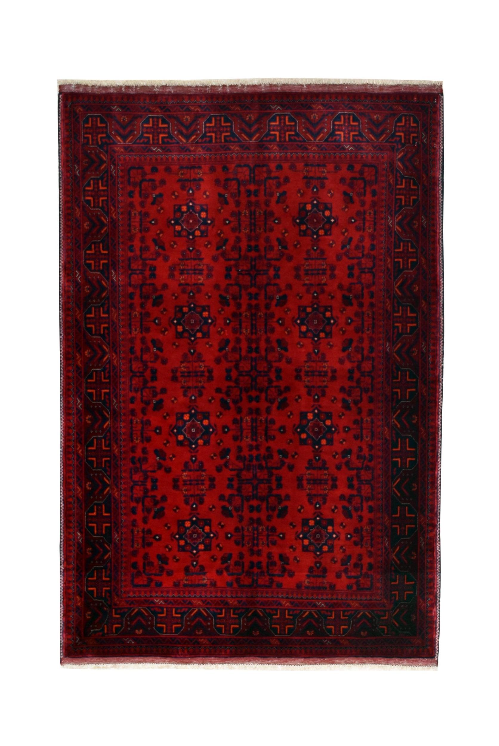 Handmade Afghan Biljik rug featuring a deep red field with intricate blue geometric patterns.