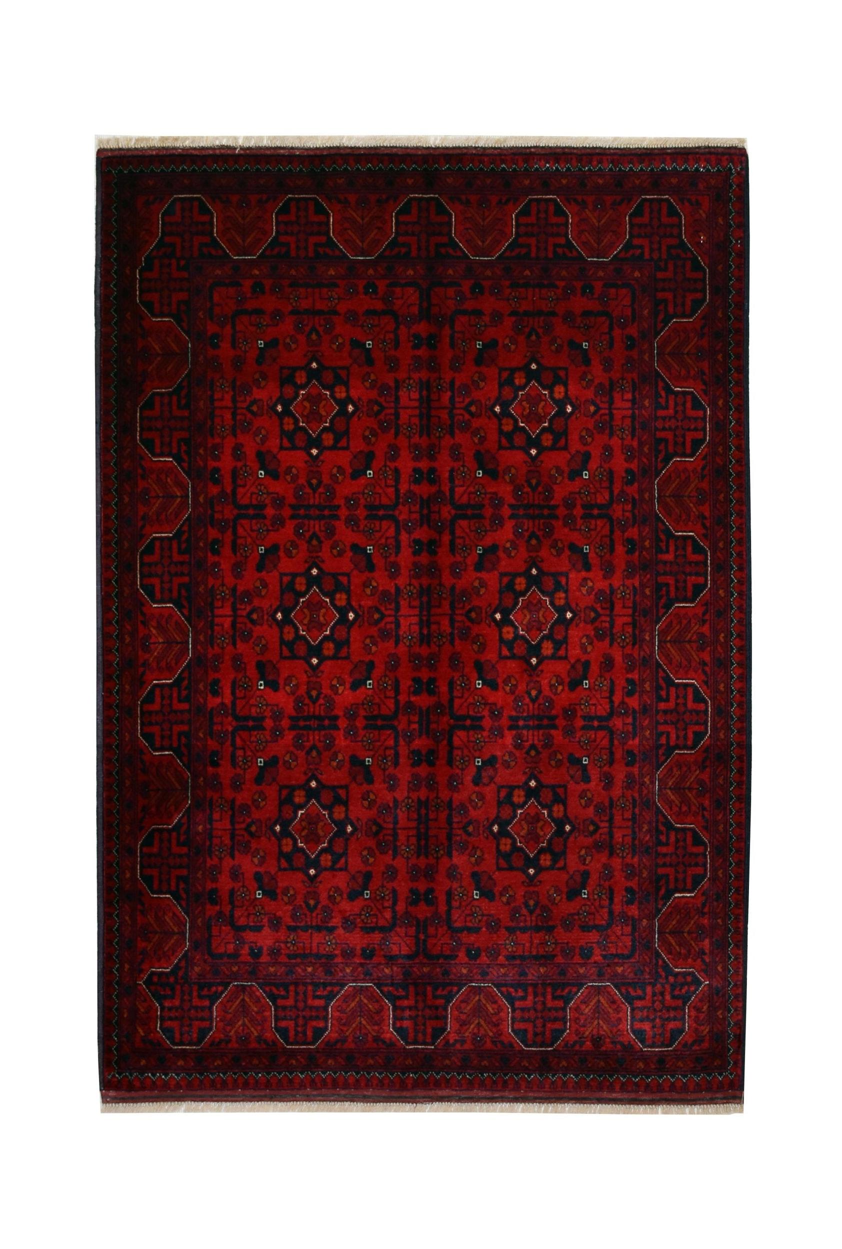 Handmade Afghan Biljik rug featuring a deep red field with intricate geometric patterns in blue.