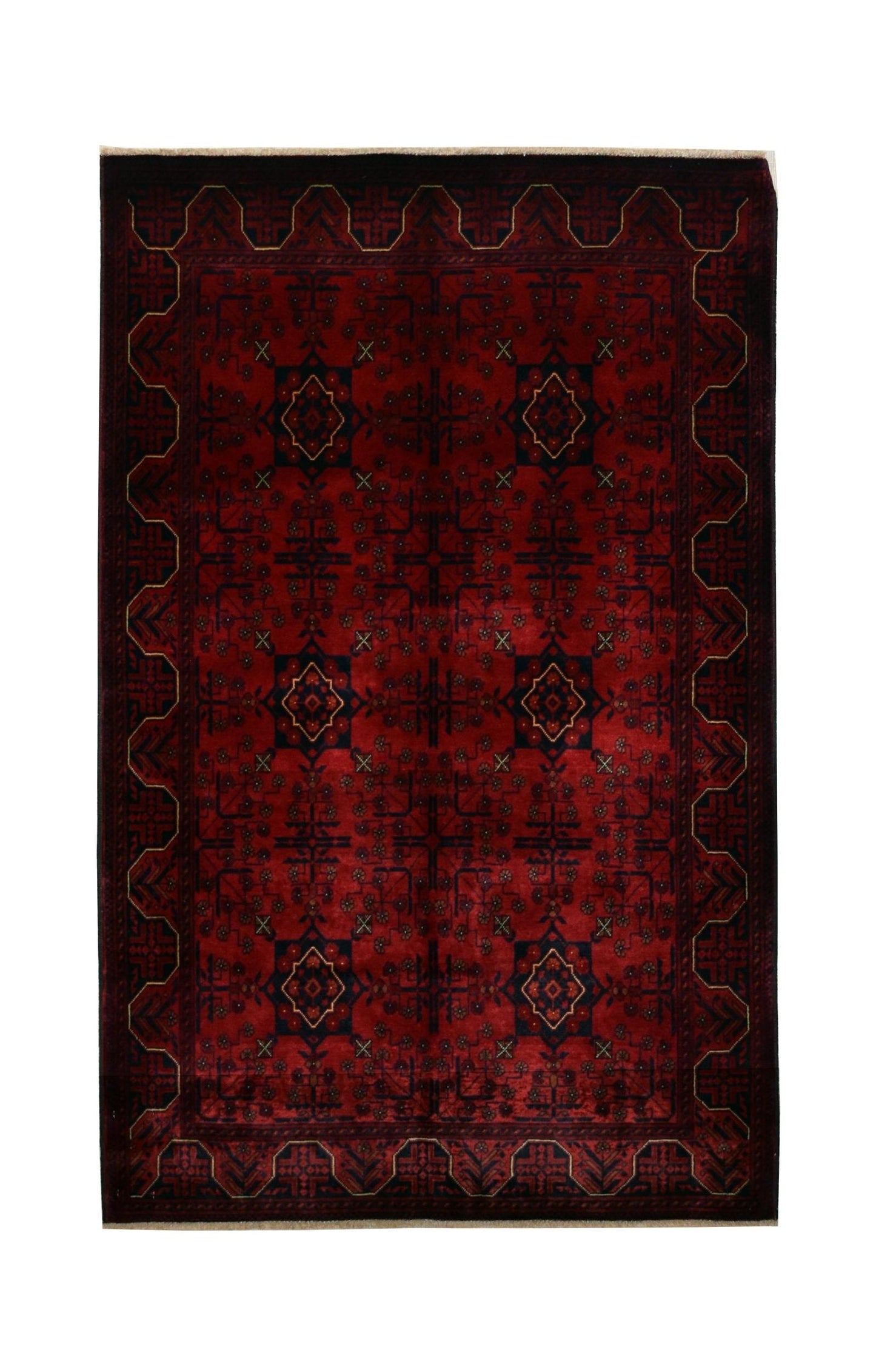 A handmade Afghan Biljik rug featuring a deep red field with dark blue geometric patterns.