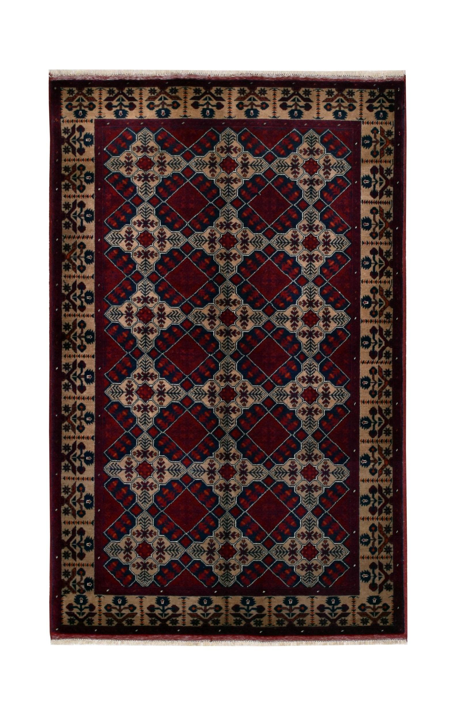 Handmade Afghan Biljik rug featuring a geometric diamond pattern in deep red, blue, and tan.