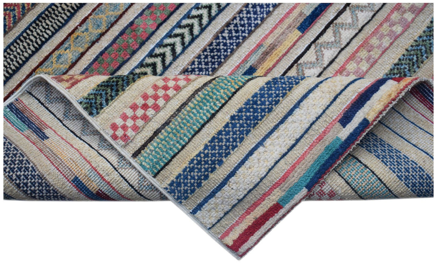 Handmade Afghan Yekta runner featuring a striped pattern with varied textures and colorful motifs.