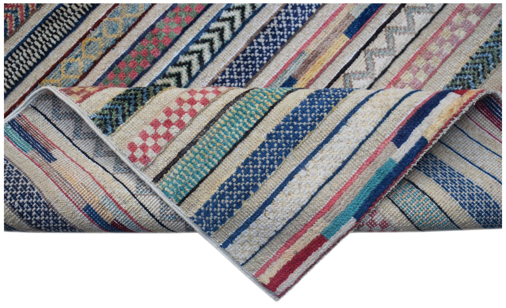 Handmade Afghan Yekta runner featuring a striped pattern with varied textures and colorful motifs.