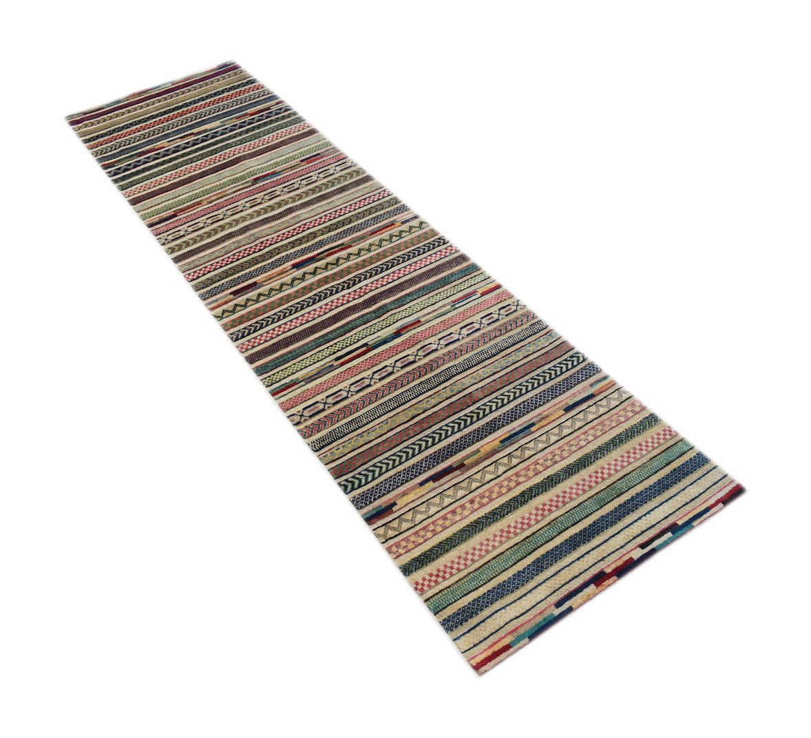 A handmade Afghan runner rug featuring a multi-colored striped pattern with textured details.