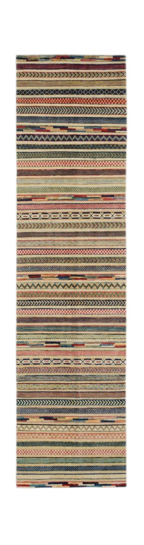 An Afghan Yekta runner rug featuring a multi-colored, striped pattern with varied woven textures.