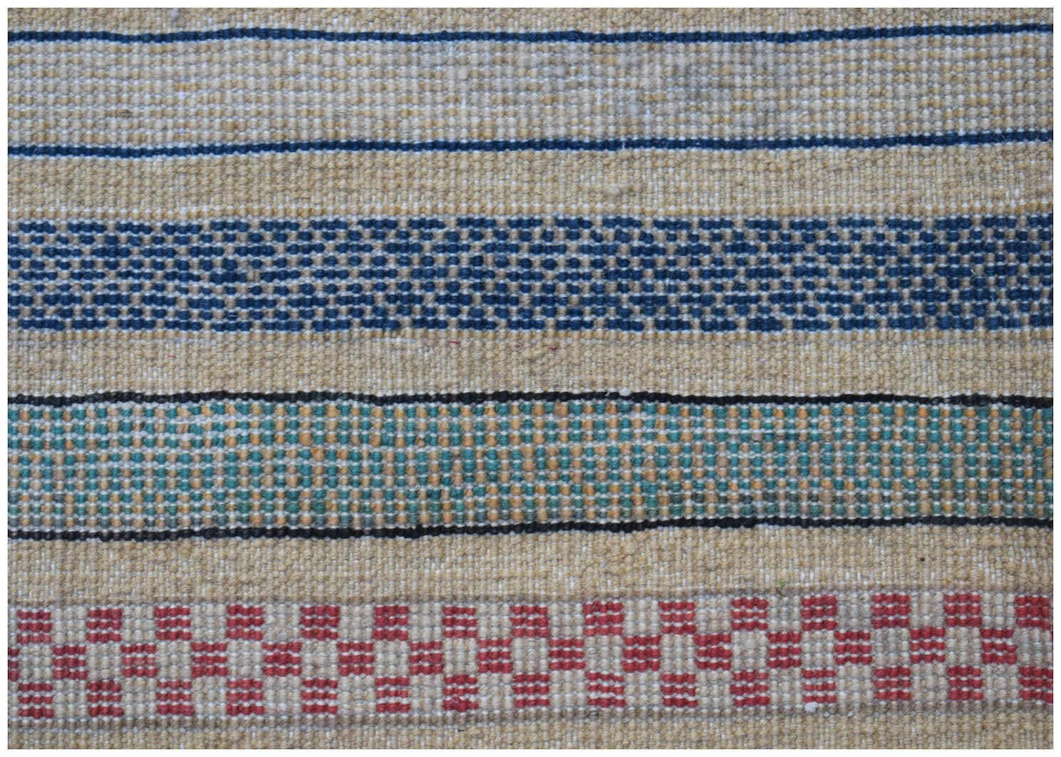 An Afghan Yekta runner featuring horizontal stripes in blue, green, and red on a tan wool base.