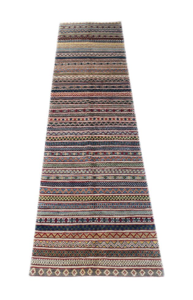 An Afghan Yekta runner rug featuring a vibrant, multi-colored geometric striped pattern.
