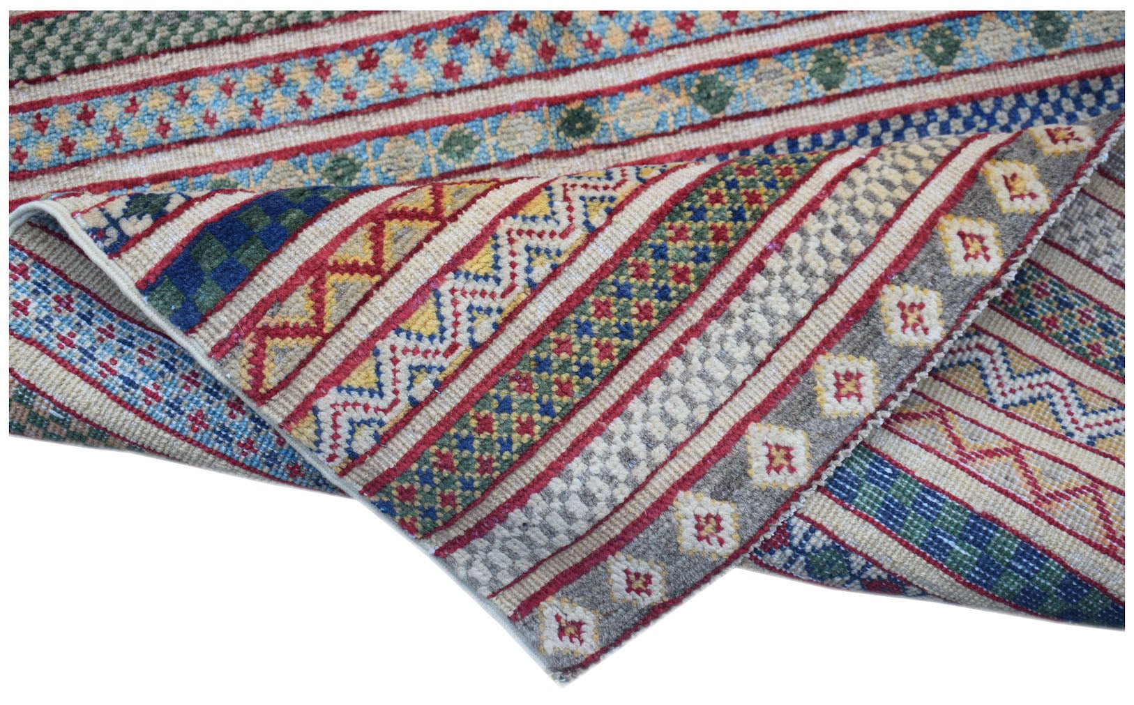 A handmade Afghan runner rug featuring a vibrant, multi-patterned design with textured stripes.