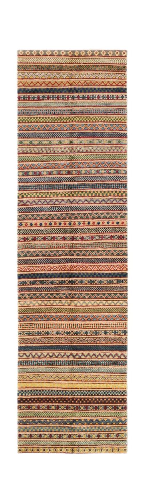 A handmade Afghan runner rug featuring a vibrant, multi-colored striped pattern.