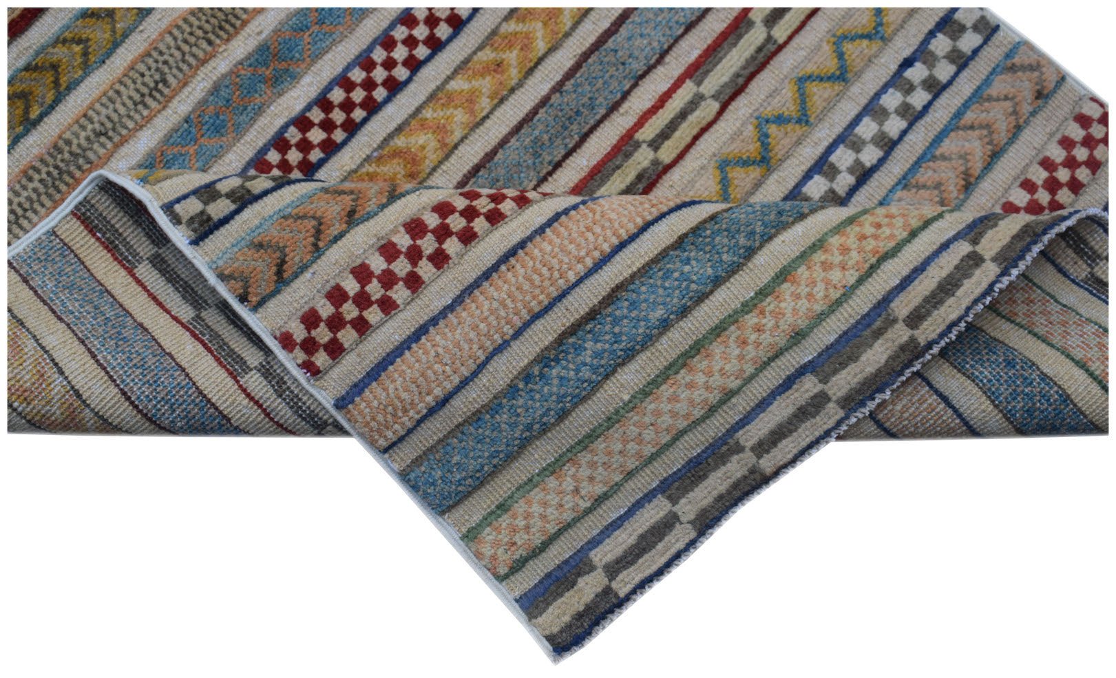 Handmade Afghan Yekta runner featuring a striped pattern with varied textures and earthy colors.