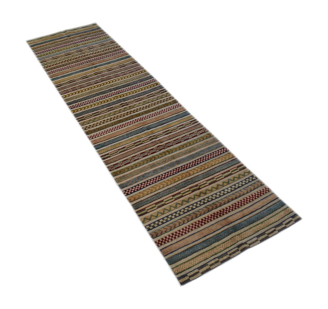 An Afghan Yekta runner rug featuring a multi-colored striped pattern with varied geometric textures.
