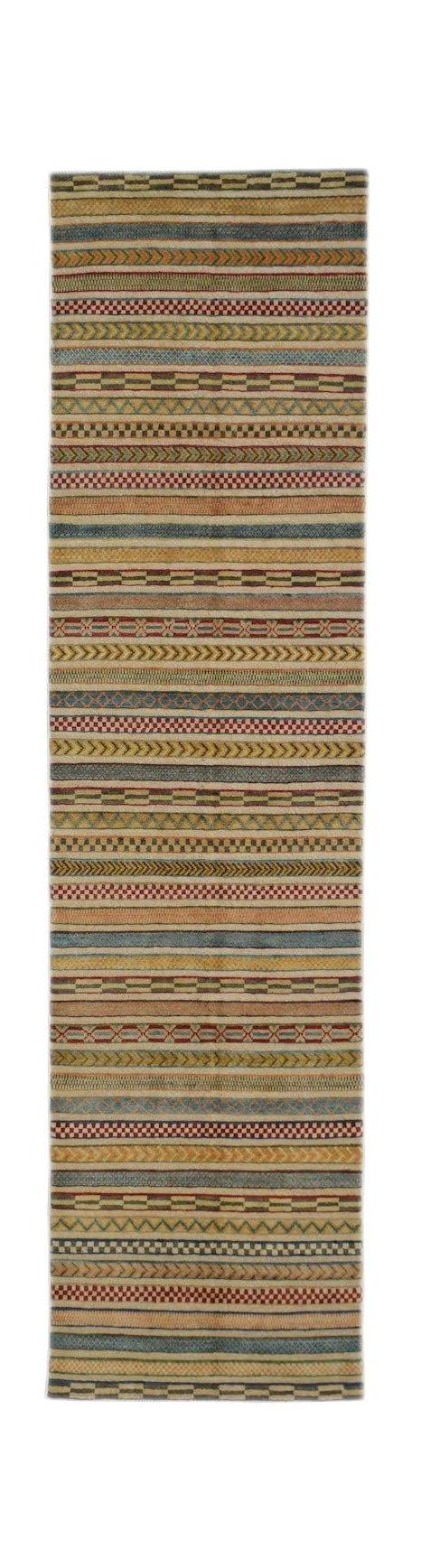 A handmade Afghan runner rug featuring a repeating pattern of colorful horizontal striped bands.