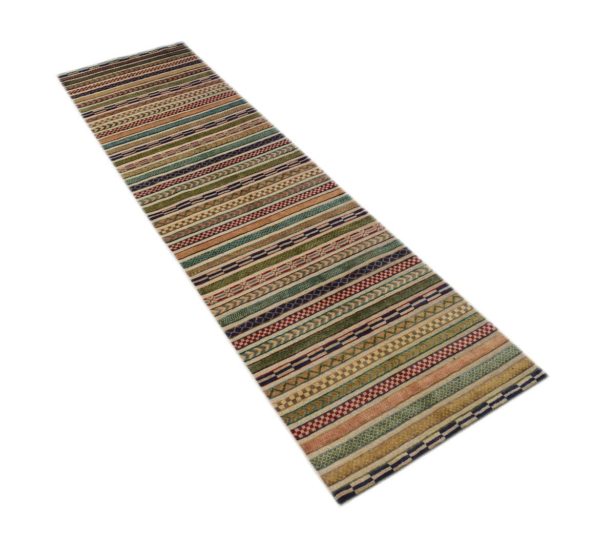 A handmade Afghan Yekta runner rug featuring a multi-colored striped pattern with textured details.