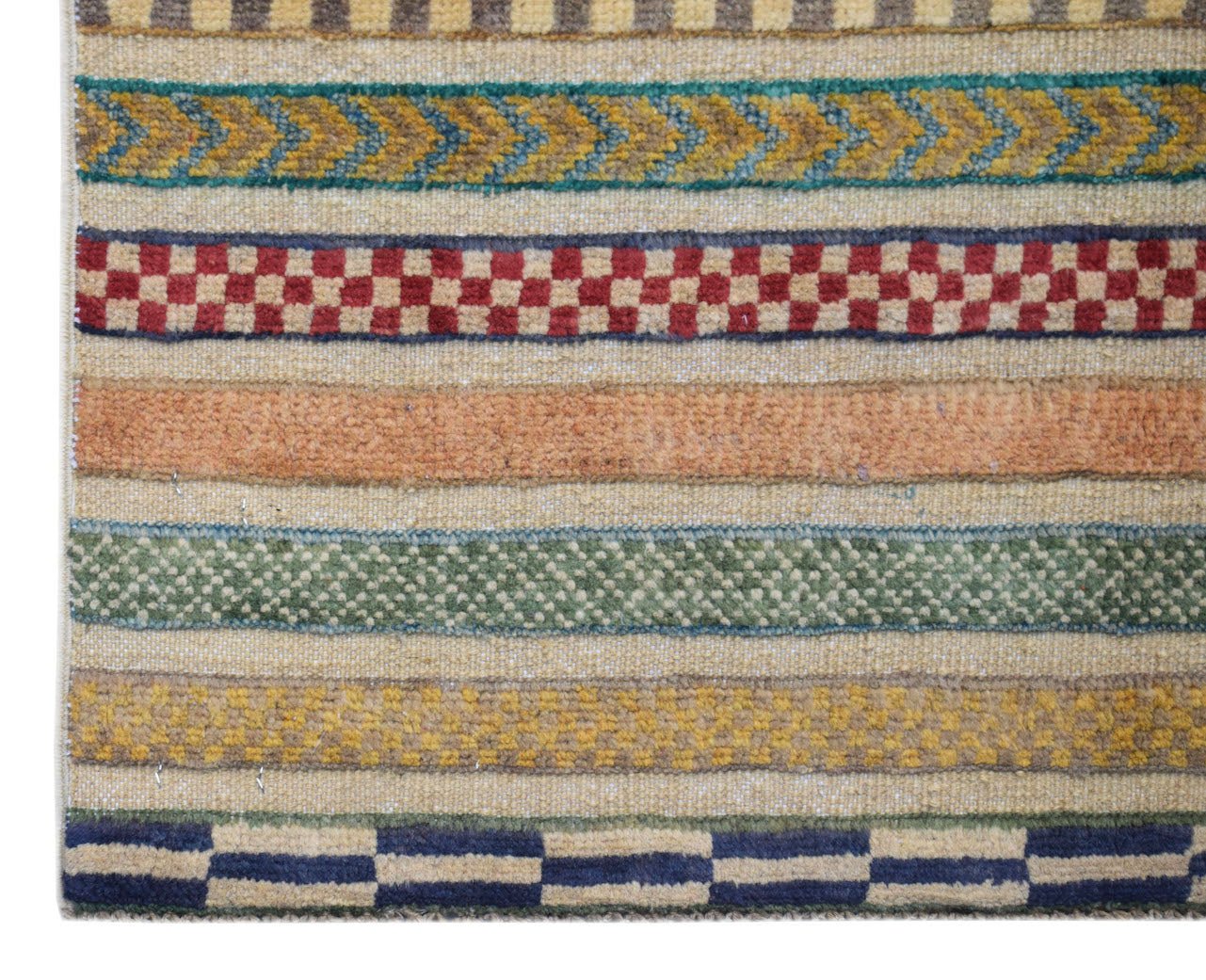 Handmade Afghan runner rug featuring horizontal bands of geometric patterns in vibrant colors.