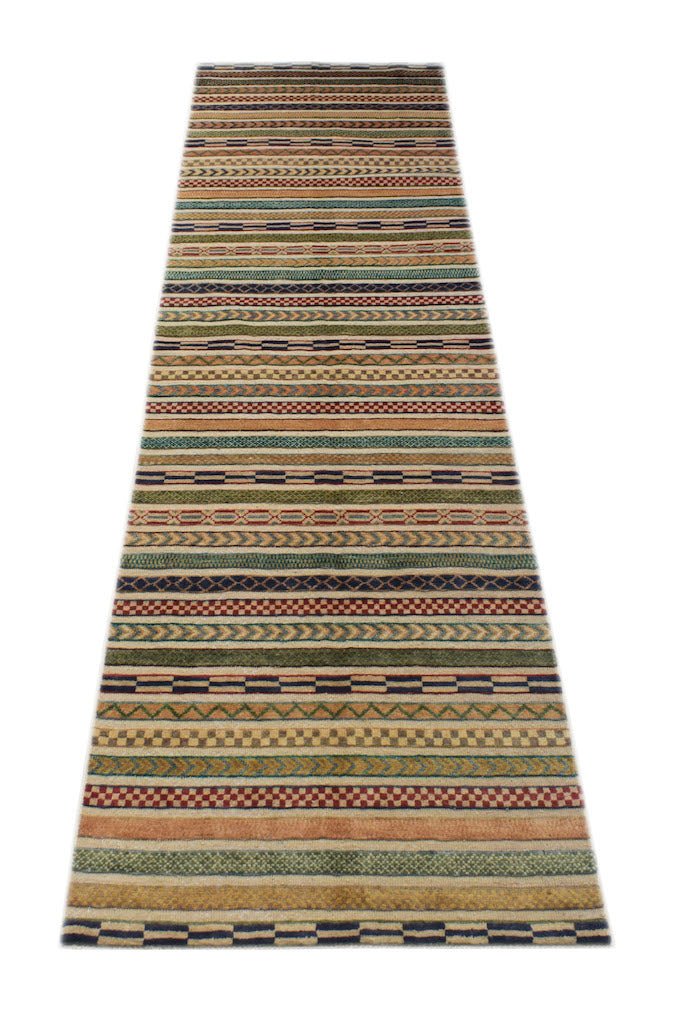 A handmade Afghan runner rug featuring a repeating pattern of colorful horizontal striped bands.