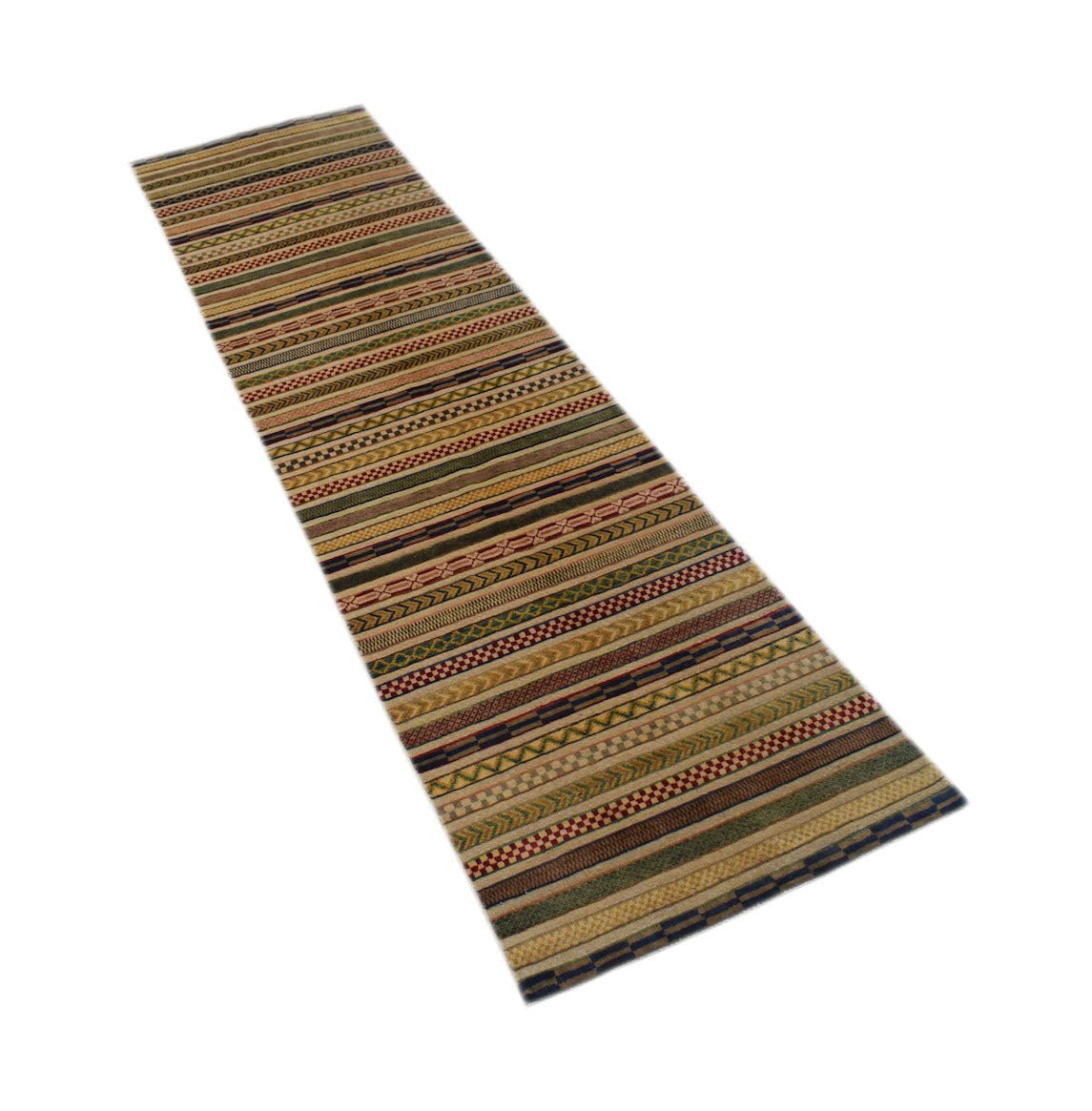 An Afghan Yekta runner rug featuring a repeating pattern of multicolored horizontal stripes.