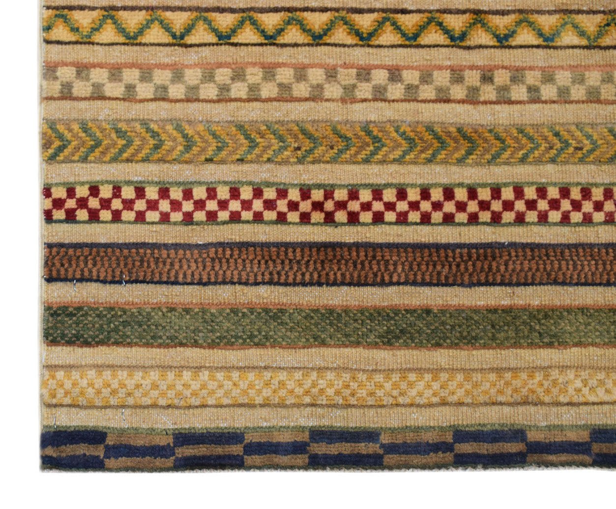 An Afghan Yekta runner featuring horizontal bands of geometric patterns in earthy tones.
