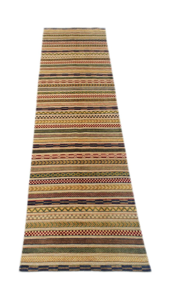 A handmade Afghan runner rug featuring a repeating pattern of colorful horizontal striped bands.
