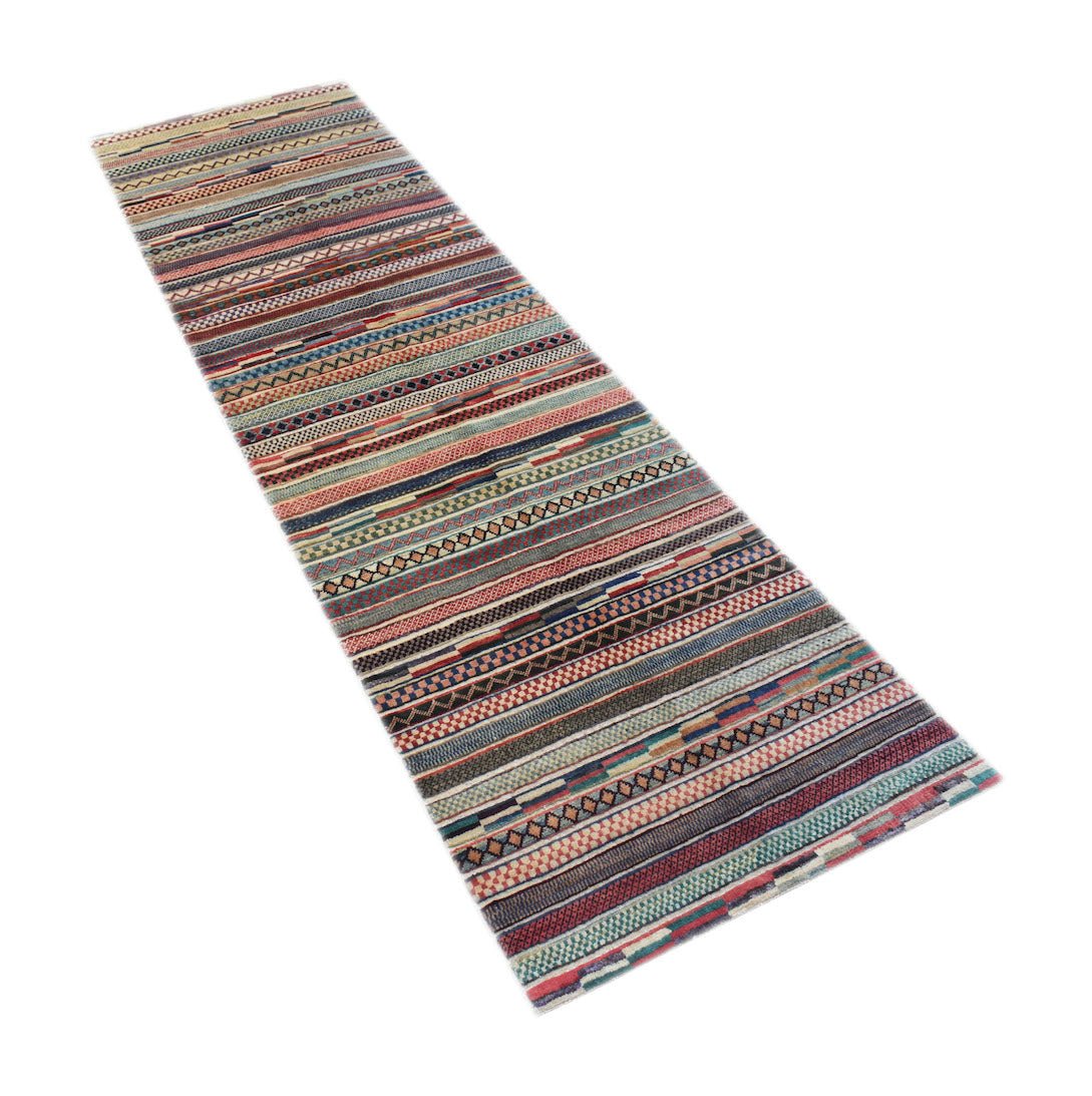 An Afghan Yekta runner rug featuring a multi-colored, striped pattern with varied woven textures.