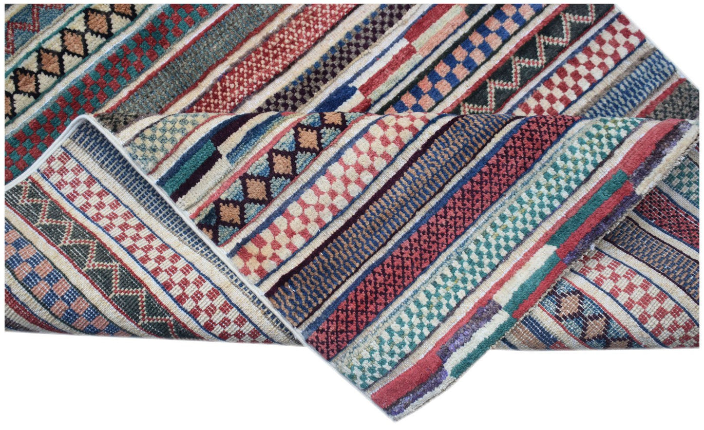 A handmade Afghan Yekta runner featuring a vibrant, multi-patterned striped design.