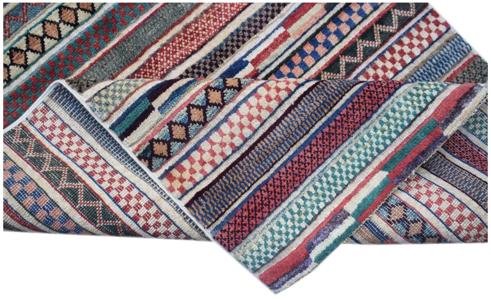 A handmade Afghan Yekta runner featuring a vibrant, multi-patterned striped design.