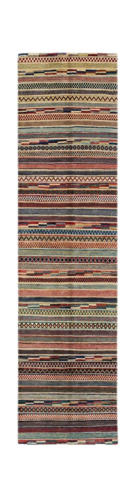 An Afghan Yekta runner rug featuring a vibrant, multi-colored striped pattern with varied textures.