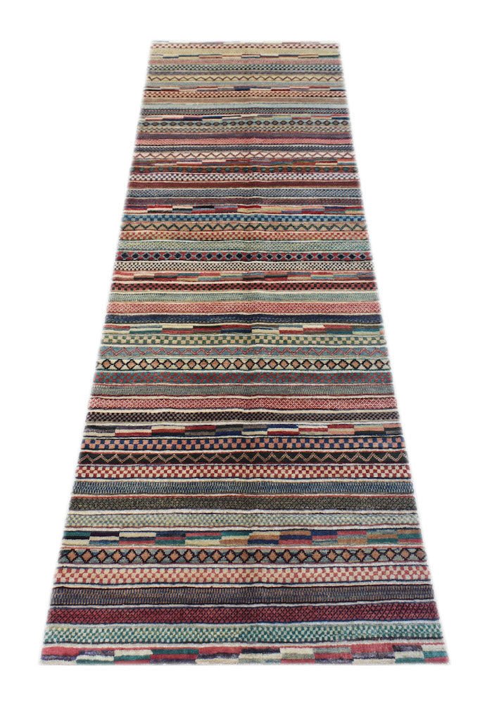 A handmade Afghan Yekta runner rug featuring a vibrant, multi-colored striped geometric pattern.