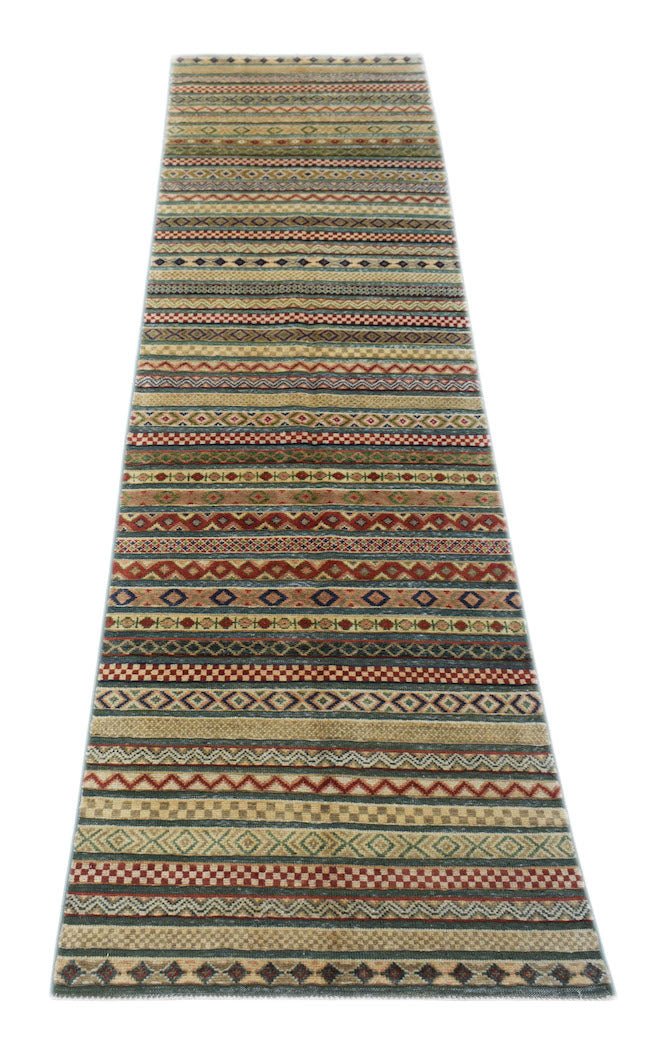 An Afghan Yekta runner rug featuring a multi-colored geometric striped pattern on wool.