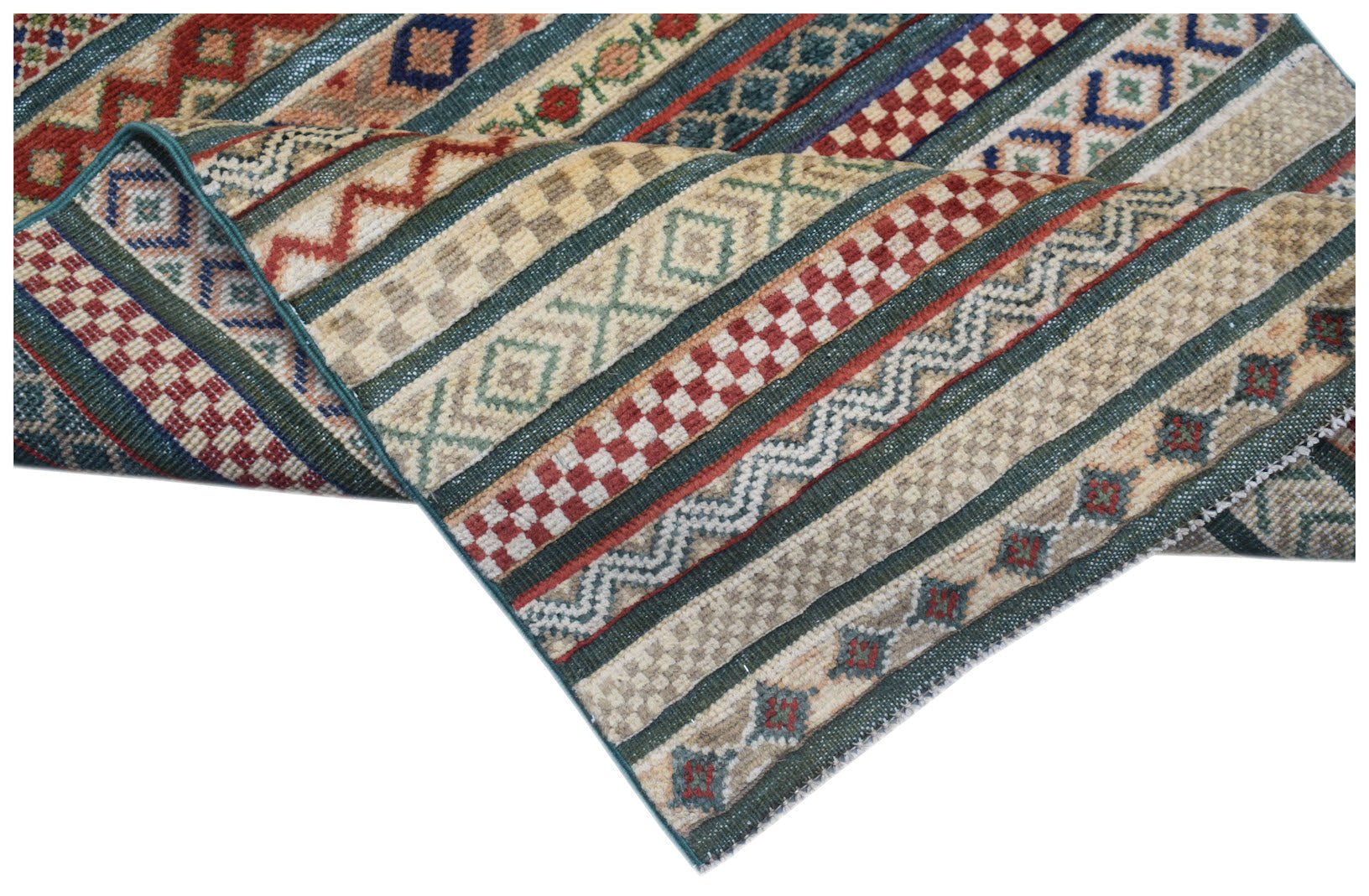 An Afghan Yekta runner rug featuring a geometric pattern with stripes of red, green, and beige.