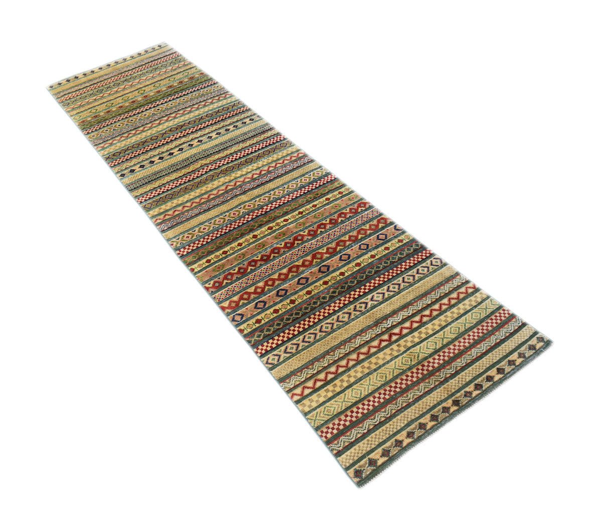 An Afghan Yekta runner rug featuring a vibrant, multi-patterned geometric design in wool.