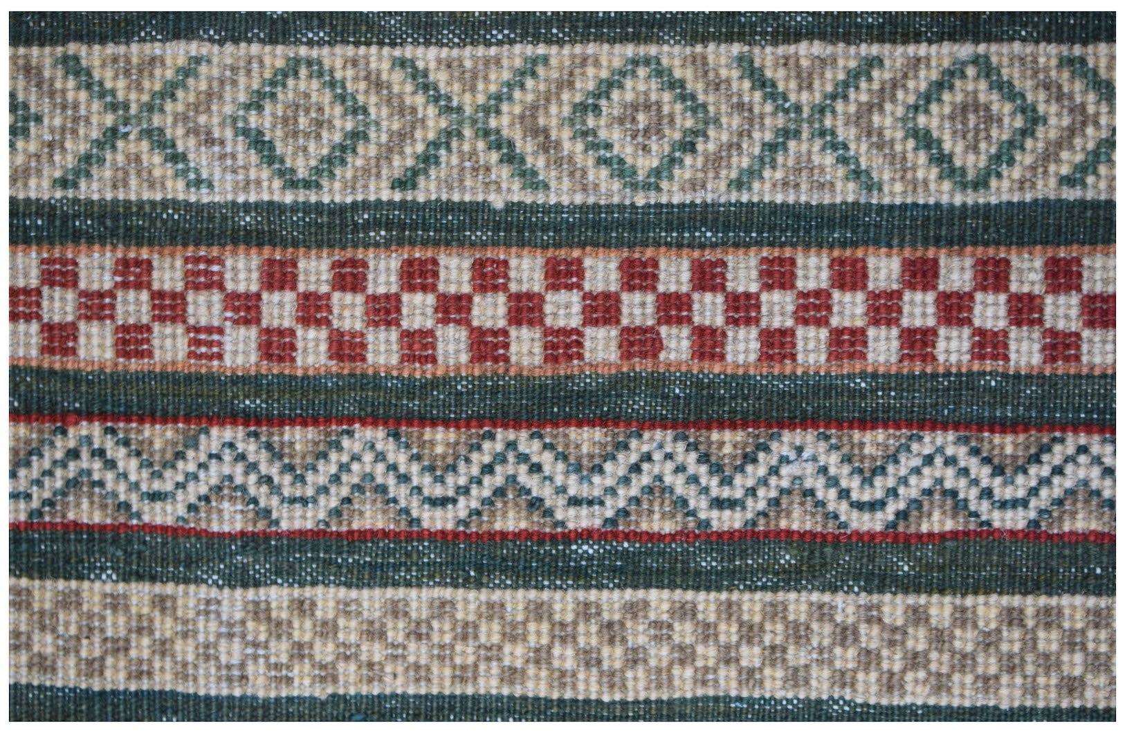 Handmade Afghan Yekta runner featuring horizontal bands of geometric, checkered, and wavy patterns.