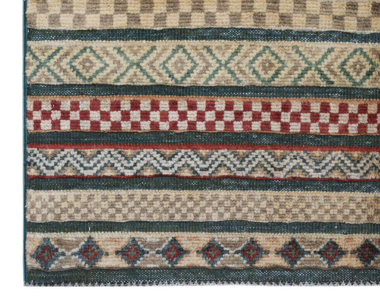 Handmade Afghan runner rug featuring horizontal bands of geometric, checkered, and diamond patterns.