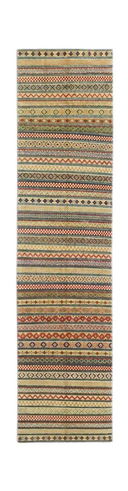 An Afghan Yekta runner rug featuring a vibrant, multi-colored geometric striped pattern.
