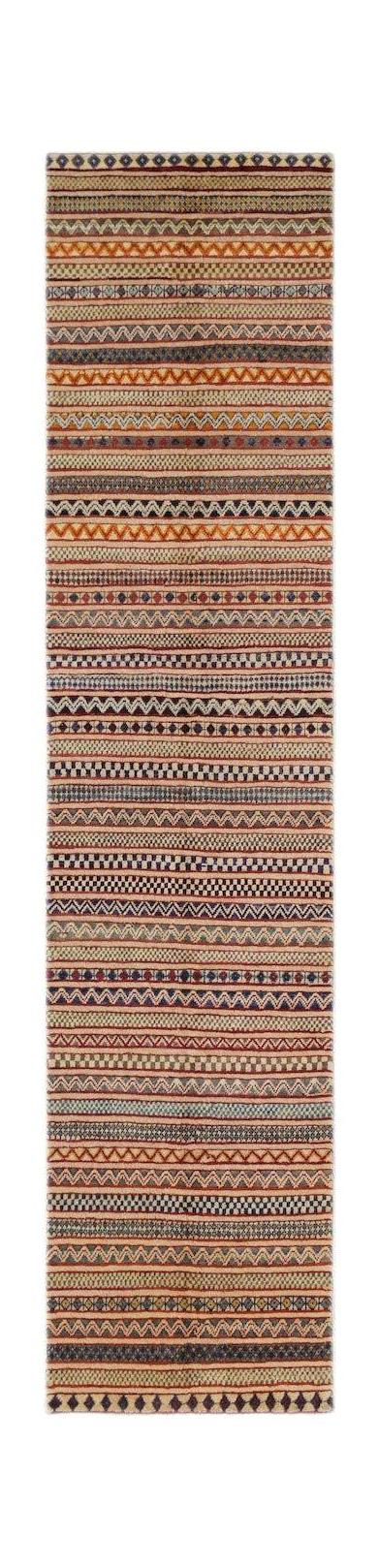 An Afghan Yekta runner rug featuring a repeating pattern of colorful, textured horizontal stripes.