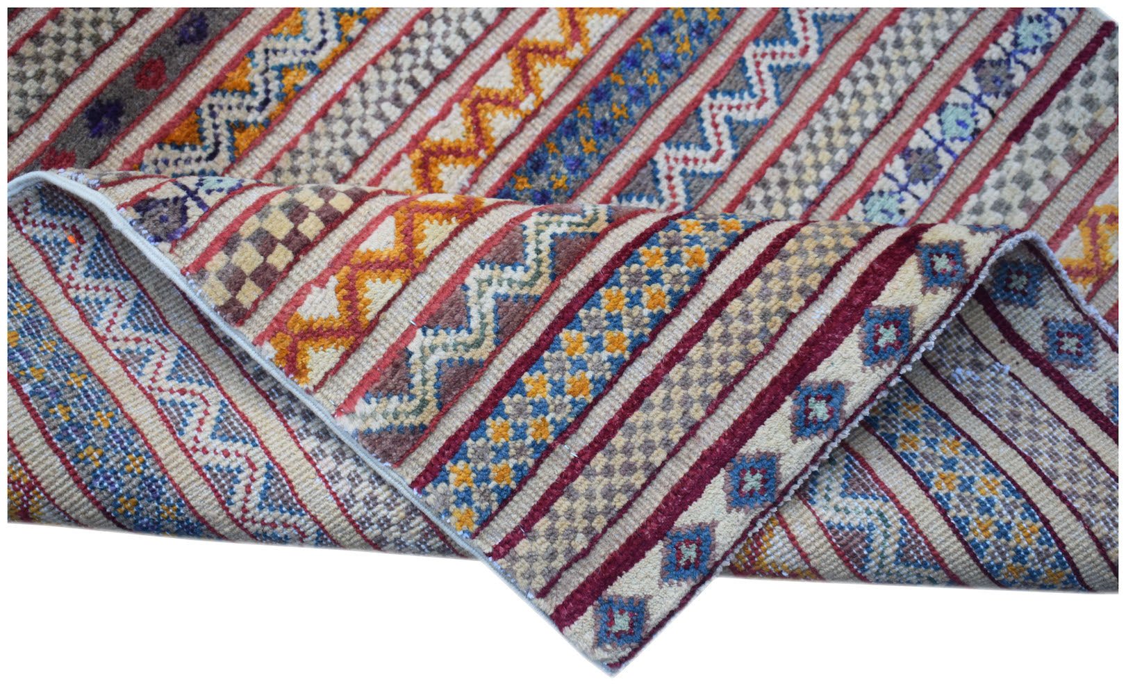 An Afghan Yekta runner featuring a vibrant, multi-patterned striped design in wool.