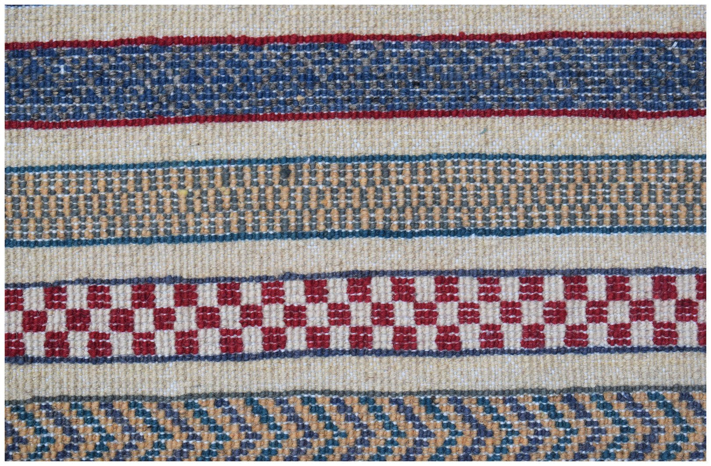 Handmade Afghan Yekta rug featuring horizontal bands of geometric patterns in red, blue, and tan.