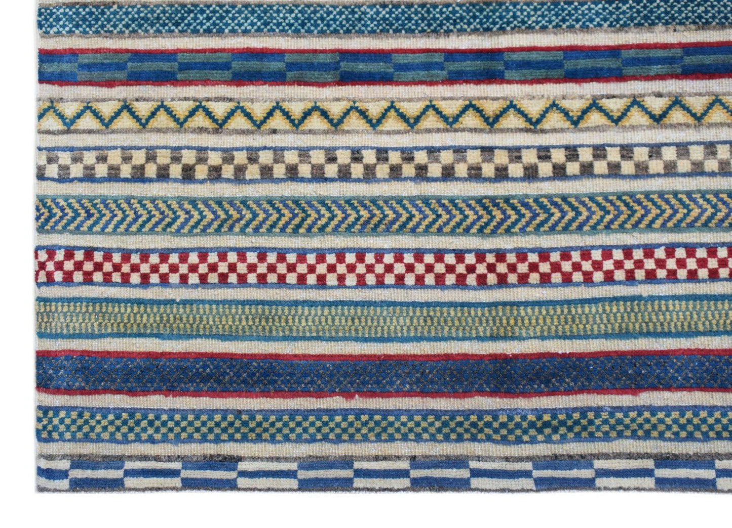 Handmade Afghan Yekta rug featuring a vibrant, multi-patterned striped design in wool.