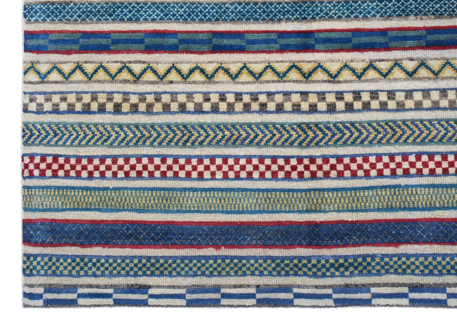 Handmade Afghan Yekta rug featuring a vibrant, multi-patterned striped design in wool.