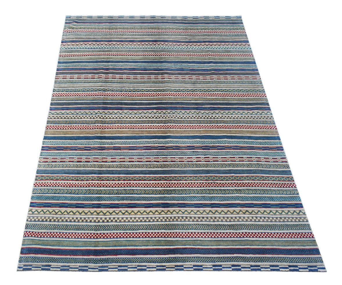An Afghan Yekta rug featuring a vibrant, multi-colored striped pattern with intricate textures.