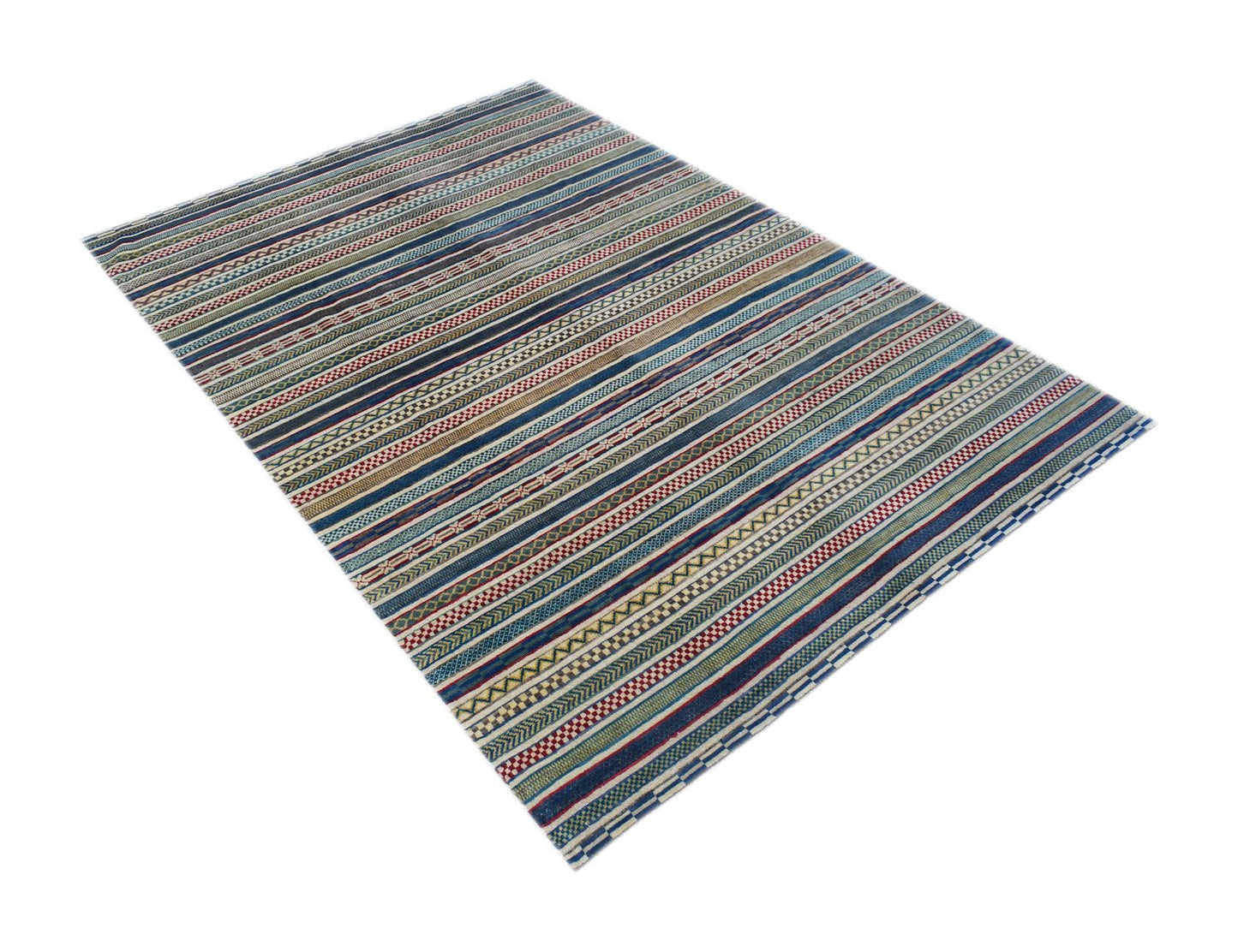 An Afghan Yekta rug featuring a multi-colored striped pattern with intricate geometric details.