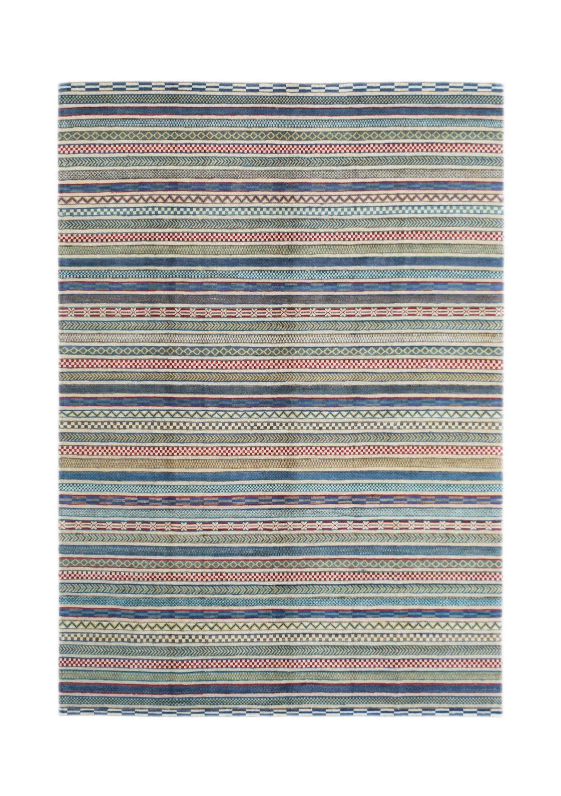 An Afghan Yekta rug featuring a repeating pattern of colorful horizontal stripes and geometric motifs.