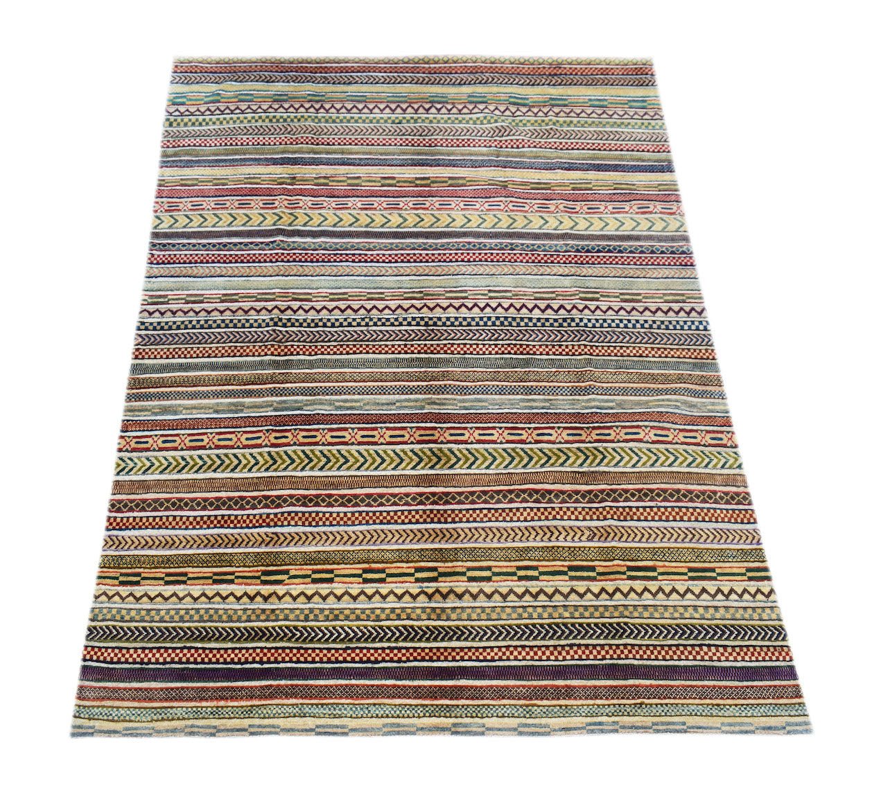 Handmade Afghan Yekta rug featuring a vibrant, multi-colored pattern of horizontal geometric stripes.