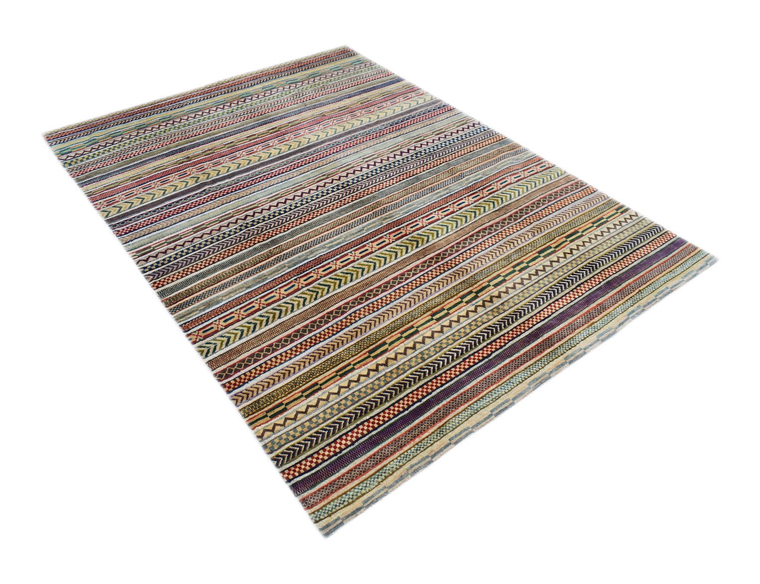 An Afghan Yekta rug featuring a vibrant, multi-colored pattern of horizontal geometric stripes.