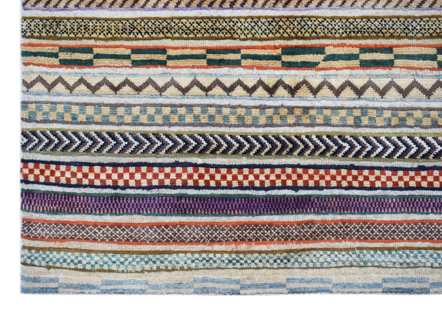 Handmade Afghan Yekta rug featuring a series of colorful, textured horizontal geometric bands.