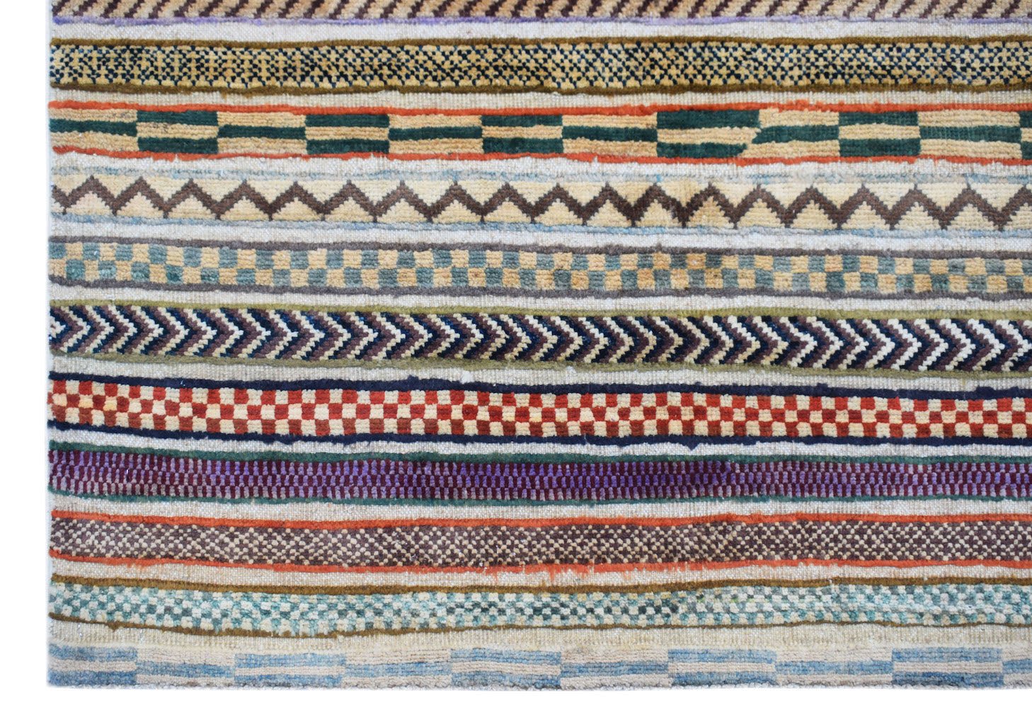 Handmade Afghan Yekta rug featuring a series of colorful, textured horizontal geometric bands.