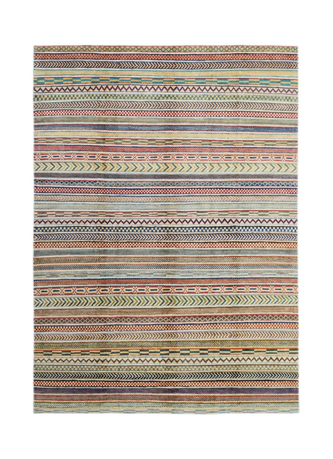 Handmade Afghan Yekta rug featuring a vibrant, multi-colored pattern of horizontal striped bands.