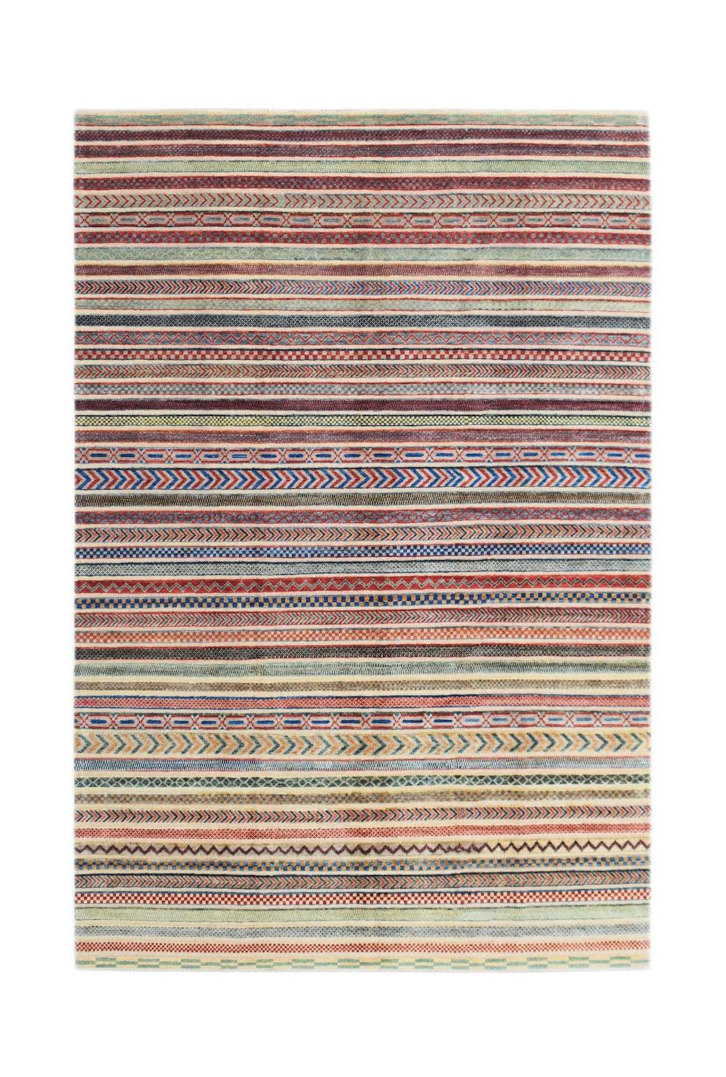 Handmade Afghan Yekta rug featuring a vibrant, multi-colored pattern of horizontal striped bands.