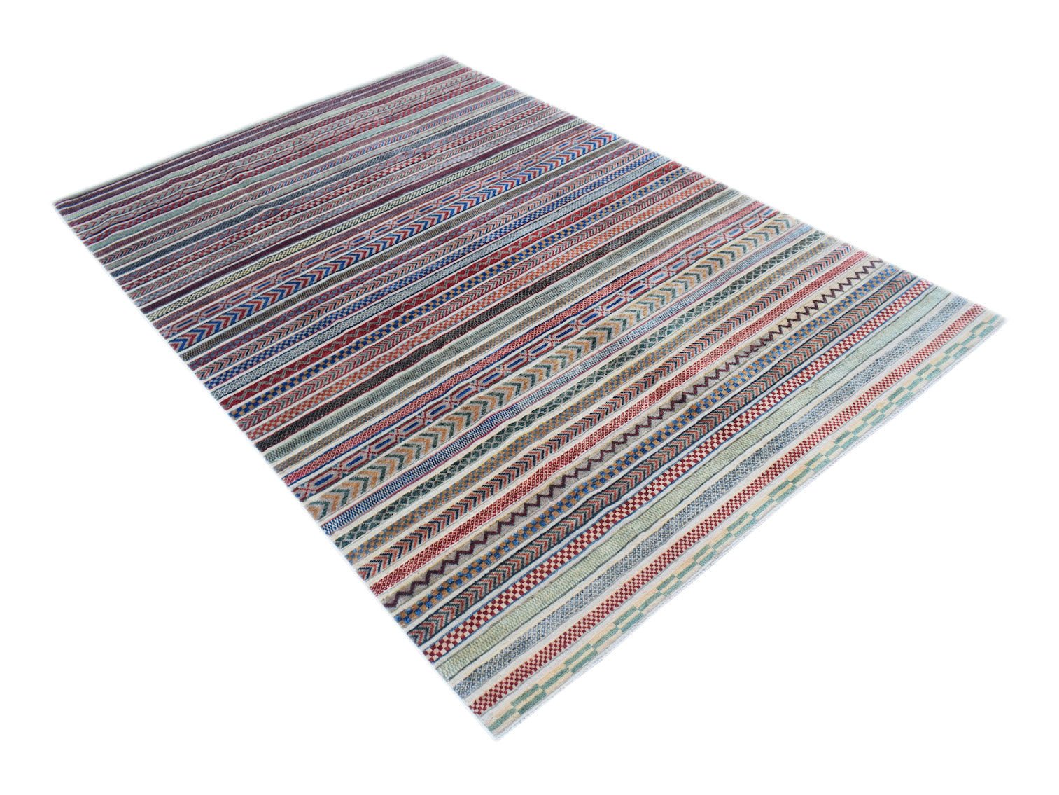 Handmade Afghan Yekta rug featuring a vibrant, multi-colored striped pattern with textured details.