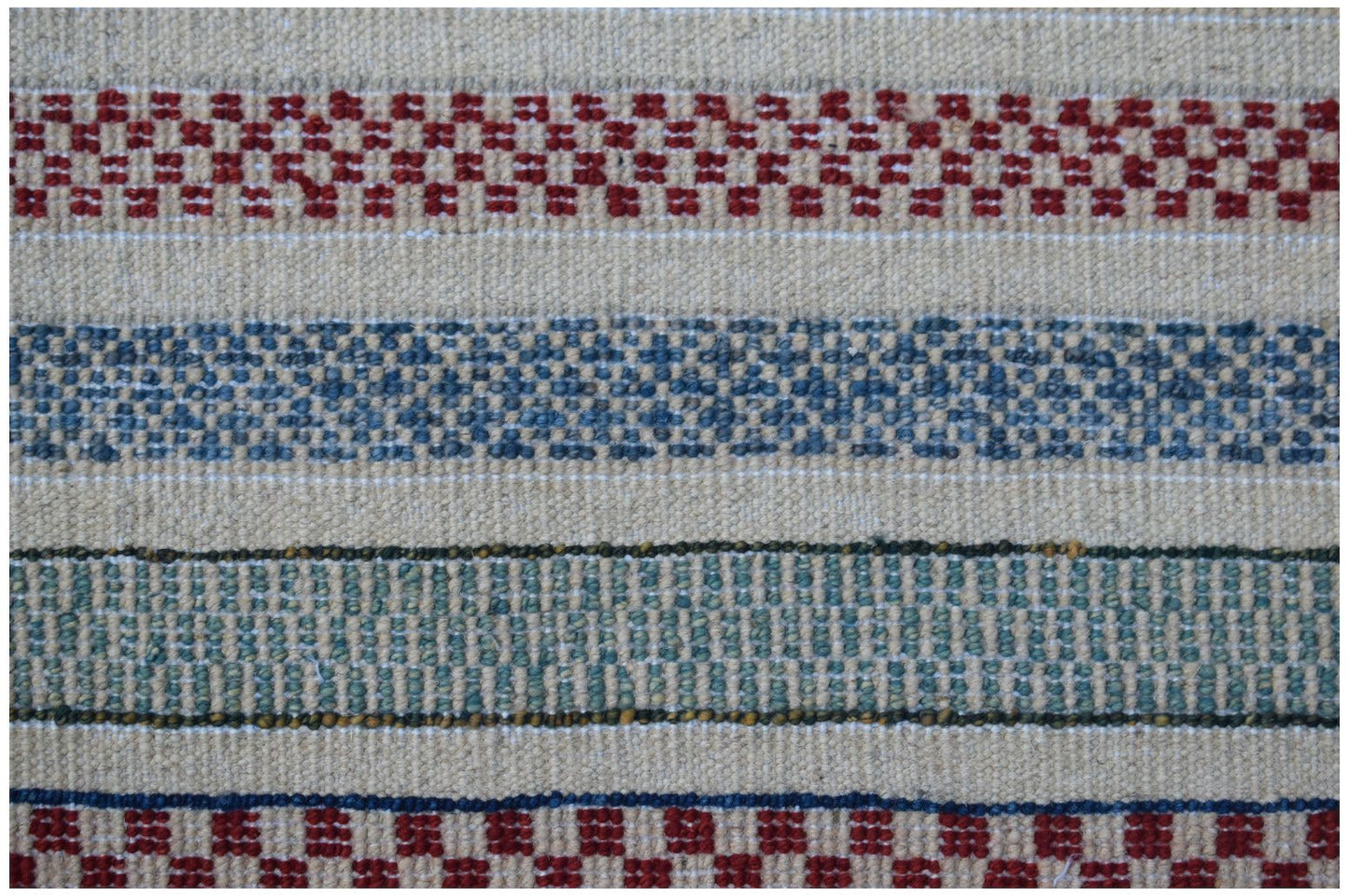 Handmade Afghan Yekta rug featuring horizontal bands of red, blue, and green geometric patterns.